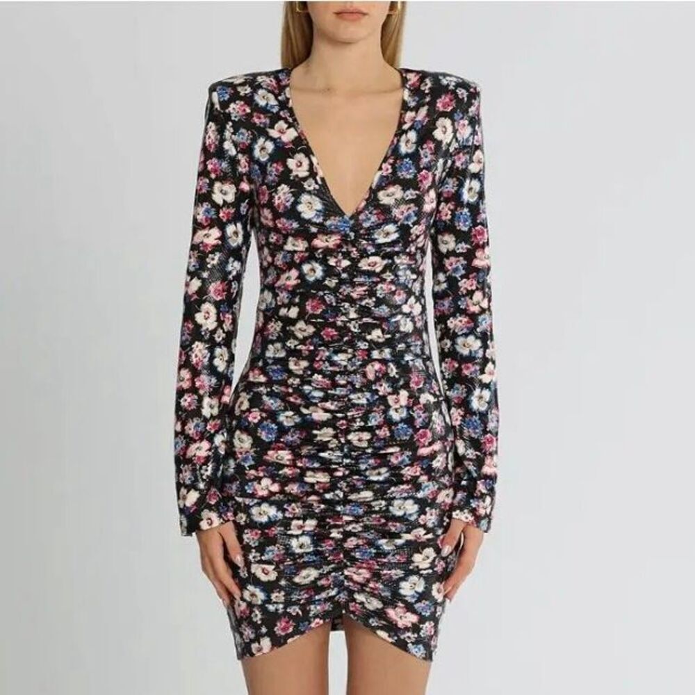 Rotate Birger Christensen Sierra Short Dress Floral Ruched V-Neck Long Sleeve 8